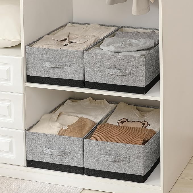 Linen Folding Storage Bins, 3 Pack Large Storage Baskets, Washable, Clothing Storage Bins with Handle, Closet Organizer for Storage Sweater,Sheets (gray black, 18½"x13½"x8½")