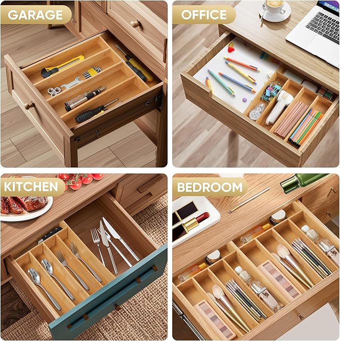 Silverware Organizer, 10 Inch Utensil Organizer Kitchen Drawer Organizer Bamboo Silverware Holder Cutlery Tray Organizer in Drawer Flatware Organizer Tray(5 slots, Natural)