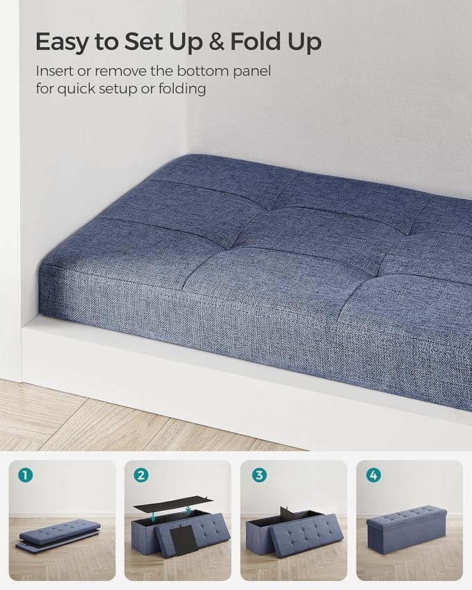 SONGMICS MAZIE Collection - 43 Inches Folding Storage Ottoman Bench, Ottoman Foot Rest, End of Bed Bench, Storage Chest, Load 660 lb, for Living Room, Bedroom, Entryway, Misty Blue ULSF077Q01