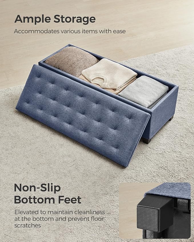 SONGMICS Storage Ottoman Bench, Foot Rest with Legs, 15.7 x 43.3 x 15.7 Inches, End of Bed Bench, Storage Chest, Load up to 660 lb, for Living Room, Bedroom, Entryway, Light Denim Blue ULSF088Q01