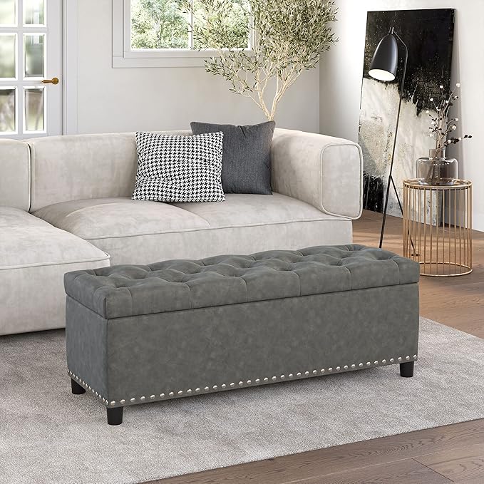 BELLEZE 47" Storage Ottoman, Storage Bench with Safety Close Hinge, Faux Leather Button-Tufted Ottoman for Living Room, Entryway, Hallway, Foot Rest, Support 300lbs - Rustic Gray