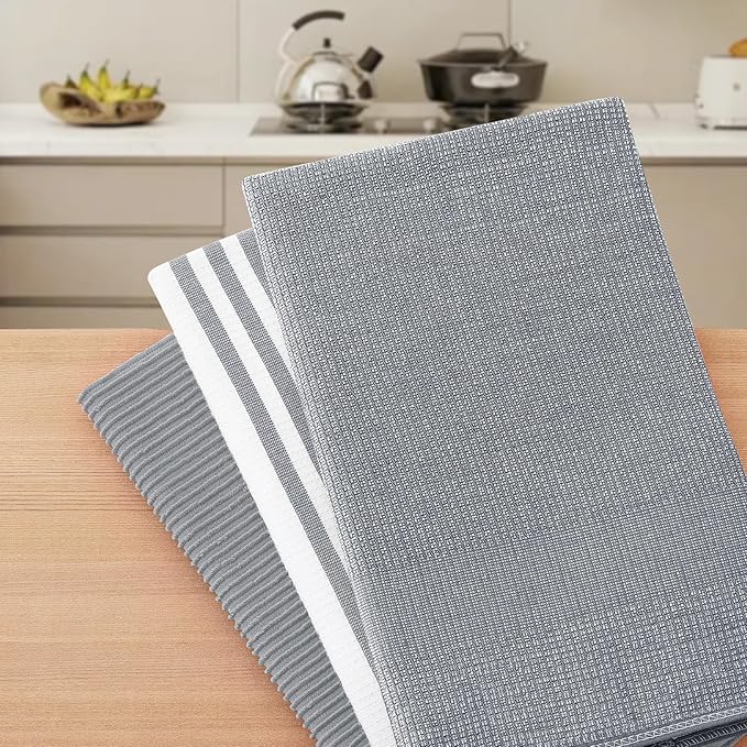 Homaxy Premium Kitchen Towels(18”x 28”, 3 Pack), Large Cotton 380 GSM Kitchen Hand Towels, Soft and Absorbent Terry Dish Towels, Multipurpose Tea Towel Set with Hanging Loop, Grey