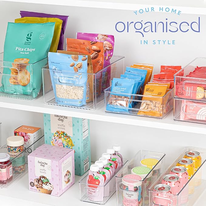 Plastic Food Storage 2 pack Clear Container Bin with Handles for Organizing Kitchen, Pantry, Refrigerator, Freezer, Pantry, Cabinet, Closet, Bathroom. Stackable 10”x8”x3”