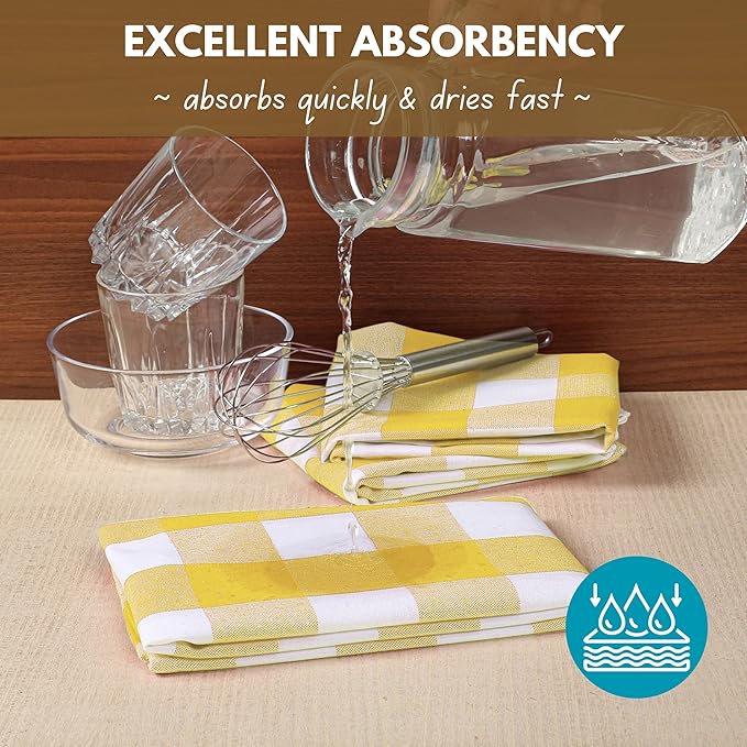 Native Fab Yellow Buffalo Dish Towel 16"x26", Set of 6 - Cotton Plaid Towels, Soft Absorbent Dishcloths with Hanging Loop, Kitchen Towels for Quick Drying - Yellow White