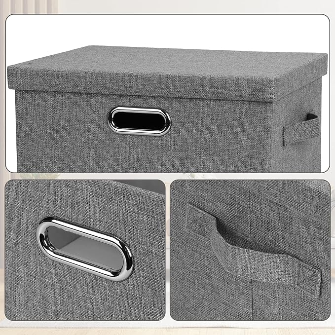 Medium 15" 21 Quart Collapsible Stackable Storage Bins with Lids, 3 Packs Grey Foldable Fabric Closet Boxes Heavy-duty Linen Cube Baskets Container for Bedroom Office (15 x 11 x 8)