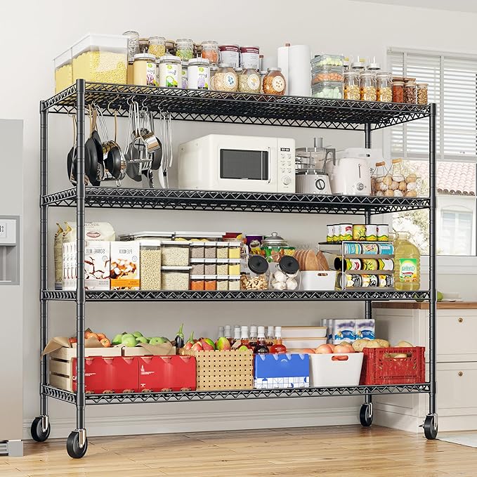 REIBII 55.5''W Storage Shelves 2500LBS Wire Shelving Rack with Wheels 75.6" H Heavy Duty Shelving Unit Adjustable Metal Shelves for Storage Rack Shelving for Kitchen Pantry 2PCS