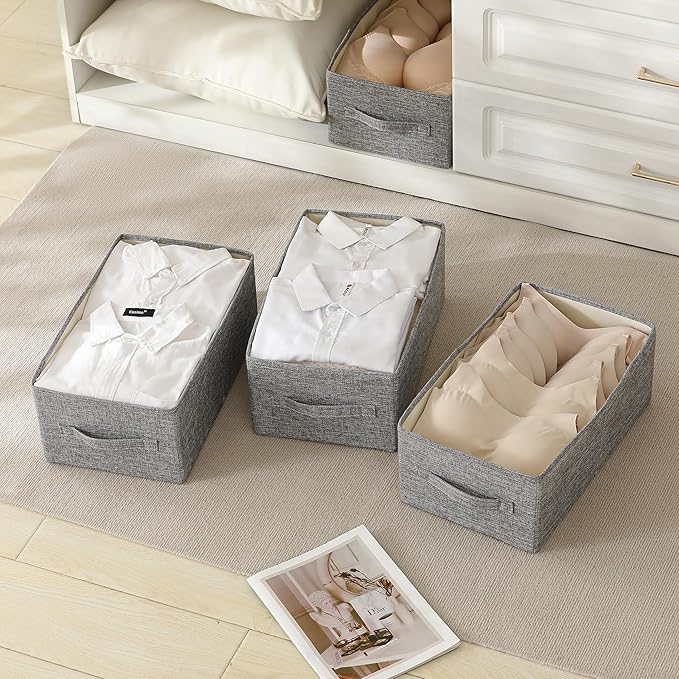 Linen Folding Storage Bins, 3 Pack Large Storage Baskets, Washable, Clothing Storage Bins with Handle, Closet Organizer for Storage Sweater,Sheets(dark grey, 16"x9½"x6¾")
