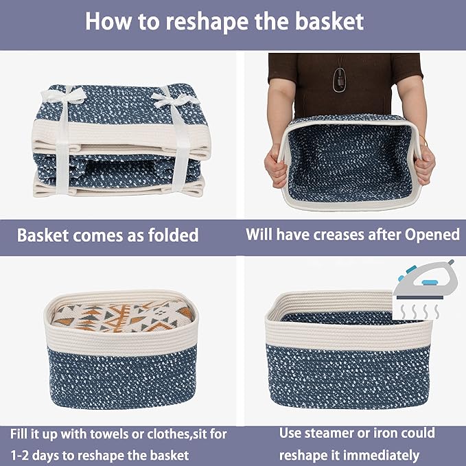 White and Blue Cotton Rope storage Basket Bins Woven Basket for Organizing Shelves 14.5X9.5X9.3“ Rectangle Decorative Baskets For storage Books Towels Wicker Nursery basket organizer Set of 3