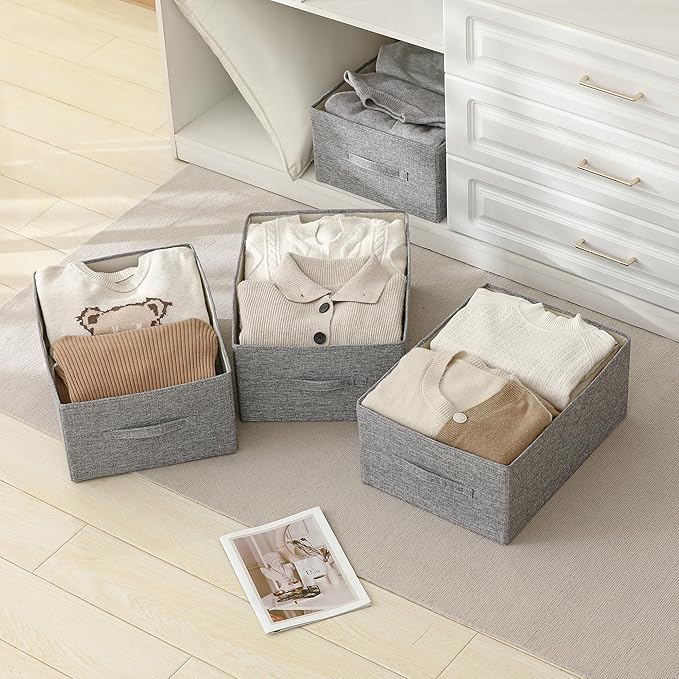 Linen Folding Storage Bins, 3 Pack Large Storage Baskets, Washable, Clothing Storage Bins with Handle, Closet Organizer for Storage Sweater,Sheets(dark grey, 18½"x13½"x8½")