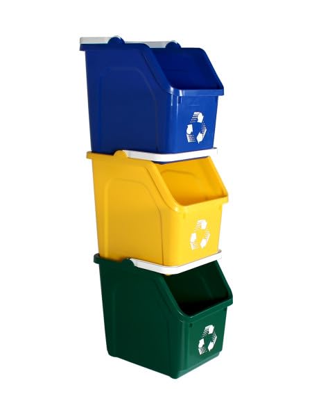 Multi Bin Recycling System with Three Stackable 6 Gallon Recycle Bins to Build Your Recycling Center for Offices, Kitchen, Garages, Businesses - (3 Pack, Blue/Yellow/Green)