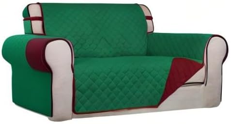 PureFit Reversible Quilted Sofa Cover, Water Resistant Slipcover Furniture Protector, Washable Couch Cover with Non Slip and Elastic Straps for Kids, Dogs, Pets (Loveseat, Green/Red)
