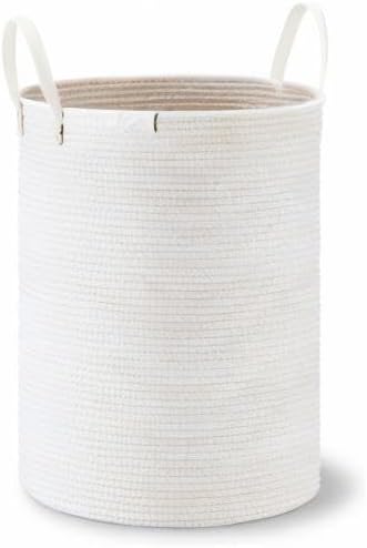 VIPOSCO Tall Laundry Basket, Large Dirty Clothes Hamper with Leather Handle, Woven Rope Storage Basket for Blanket, Toy In Living Room, Bathroom, Bedroom - 58L White