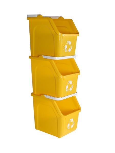 Multi Recycling Bin System with Three Stacking 6 Gallon Bins with Carrying Handles, Stackable and Compact for Offices, Homes, Garages, Businesses - (Yellow, 3 Pack)