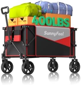 SunnyFeel Heavy Duty Collapsible Outdoor Utility Wagon Cart 400LB Capacity Adjustable Handlebar,Foldable Beach Wheels Stable Durable Oxford Fabric for Shopping Garden Camping (Black & Red)