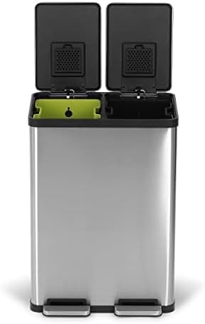 SIMPLI-MAGIC 60 Liter / 16 Gallon Rectangular Hands-Free Dual Compartment Recycling Kitchen Step Trash Can with Soft-Close Lid, Brushed Stainless Steel