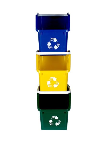 Multi Bin Recycling System with Three Stackable 6 Gallon Recycle Bins to Build Your Recycling Center for Offices, Kitchen, Garages, Businesses - (3 Pack, Blue/Yellow/Green)