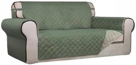 PureFit Reversible Quilted Sofa Cover, Water Resistant Slipcover Furniture Protector, Washable Couch Cover with Non Slip and Elastic Straps for Kids, Dogs (Oversized Loveseat, Greyish Green/Beige)