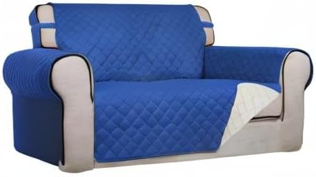 PureFit Reversible Quilted Sofa Cover, Water Resistant Slipcover Furniture Protector, Washable Couch Cover with Non Slip and Elastic Straps for Kids, Pets (Loveseat, Classic Blue/Ivory)