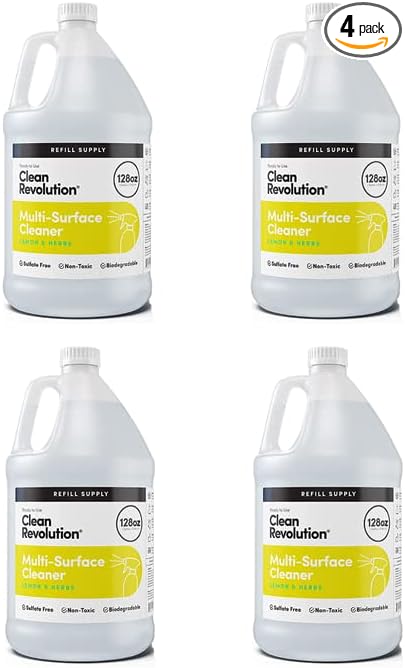 Clean Revolution Multi-Surface Cleaner Refill Supply | Non-Toxic, Eco-Friendly & Plant-Based | Ready To Use | Lemon & Herbs | 128 Fl Oz, 4 Pack, 512 Total Fl Oz