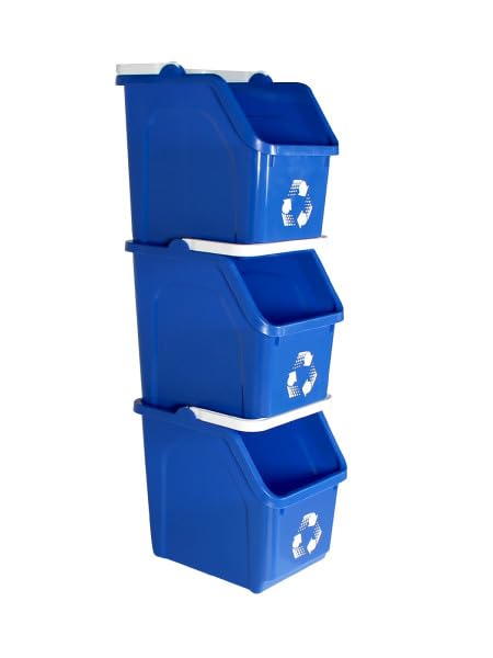 6 Gallon Stackable Recycling Bins for Homes, Garages, Offices Made of 100% Recycled Plastic - (Blue, 3 Pack)