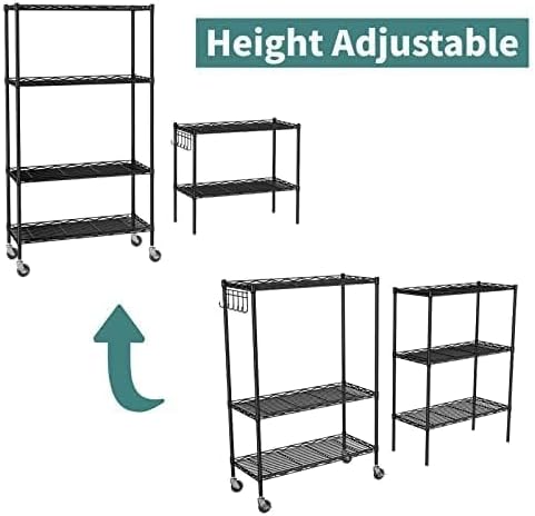 Himimi 6-Tier Storage Shelf Units, Adjustable Wire Shelving with Wheels, Metal Shelves with Stainless Side Hooks, Free Standing Shelving for Laundry Bathroom Kitchen Pantry Closet, Black