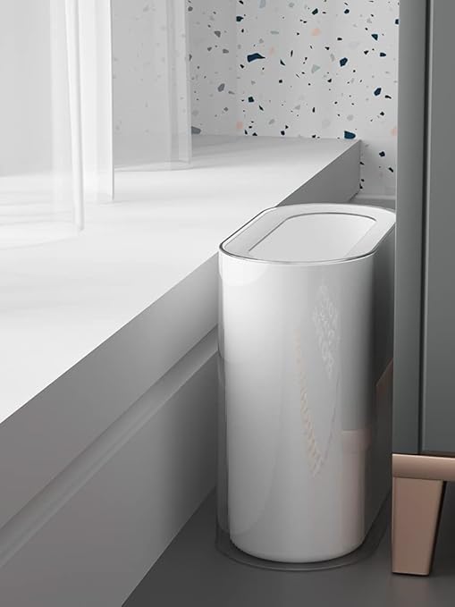 IEEK Small Waste Basket Slim Trash Can 3.2 Gallon/12L Clear and White Garbage Can Rectangle Plastic Wastebaskets Container Bin for Narrow Spaces Office,Bathroom, Bedroom,Kitchen,Living Room,Study