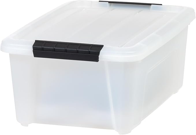 IRIS USA 13.5 Qt Stackable Plastic Storage Bins with Lids, 8 Pack - BPA-Free, Made in USA - Discreet Organizing Solution, Latches, Durable Nestable Containers, Secure Pull Handle - Pearl