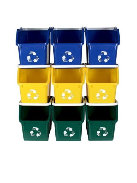 Multi Bin Recycling System with Nine Stackable 6 Gallon Recycle Bins to Build Your Recycling Center for Offices, Kitchen, Garages, Businesses (9 Pack, Blue/Yellow/Green)