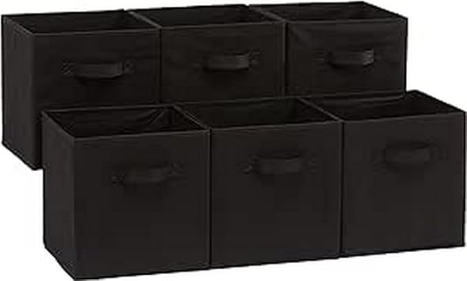 Amazon Basics Collapsible Fabric Storage Cubes Organizer with Handles, Sturdy, Black, 10.5-x-10.5-x-11-inch, Pack of 6