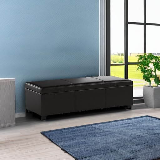 BELLEZE Storage Faux Leather Ottoman, 47 Inch Bench Bedroom Bench with Safety Close Hinge, Extra Long Ottoman with Storage for Living Room, Entryway, Hallway, Foot Rest, Support 300lbs - Brown