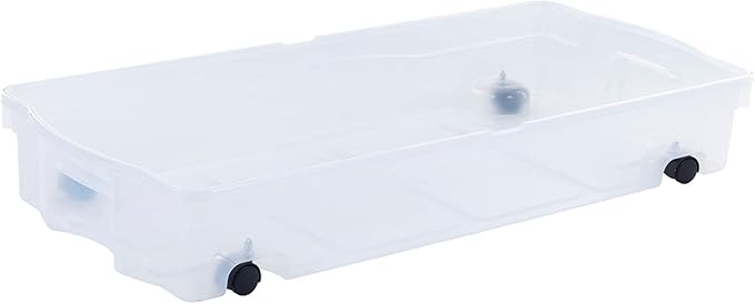 Rubbermaid 70 Quart Under the Bed Low Profile Storage Boxes with Dual Hinged Lids and Easy Rolling Caster Wheels, Clear, 2 Pack