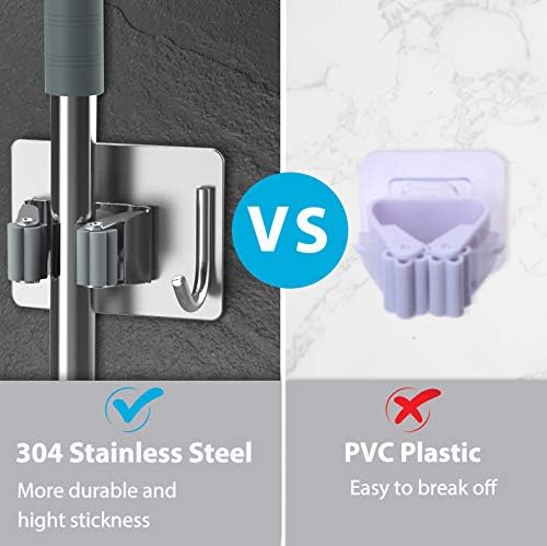 Mop Broom Holder No Drill, Mop Broom Organizer Wall Mounted Heavy Duty with Hooks Hanger, Self Adhesive Stainless Steel 4Pcs for Bathroom, Kitchen, Office (Silver)