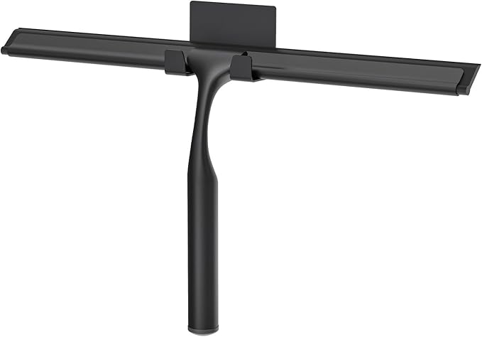 Shower Squeegee for Glass Doors, Shower Squeegee for Tile Shower Walls, Stainless Steel Squeegee for Bathroom, Windows and Mirrors with Storage Hook-12”, Black