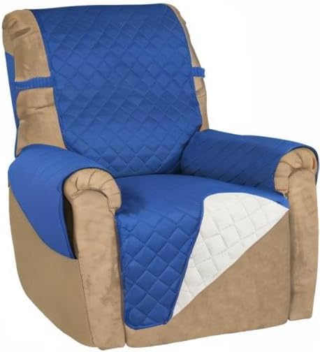 PureFit Reversible Quilted Sofa Cover, Water Resistant Slipcover Furniture Protector, Washable Couch Cover with Non Slip and Elastic Straps for Kids, Dogs, Pets (Small Recliner, Classic Blue/Ivory)