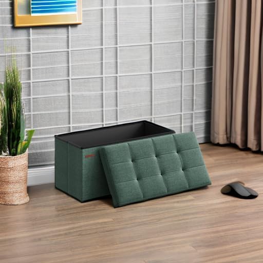 SONGMICS Mazie Collection - 30 Inches Folding Storage Ottoman Bench, Ottoman Foot Rest, End of Bed Bench, Storage Chest, Load 660 lb, for Living Room, Bedroom, Entryway, Retro Green ULSF047C01