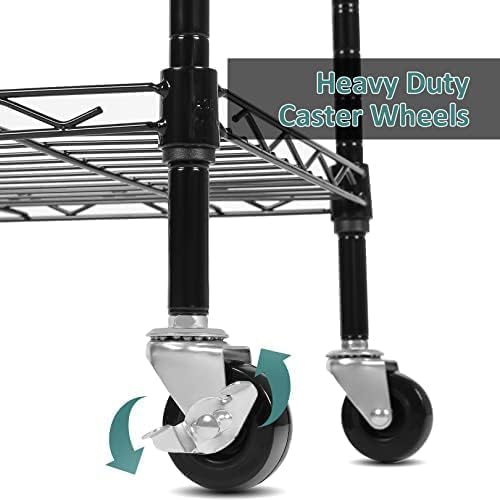 Himimi 6-Tier Storage Shelf Units, Adjustable Wire Shelving with Wheels, Metal Shelves with Stainless Side Hooks, Free Standing Shelving for Laundry Bathroom Kitchen Pantry Closet, Black