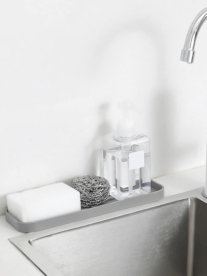 Silicone Kitchen Sink Organizer Tray for Multiple Usage,Eco-Friendly Sponges Holder for Kitchen Bathroom Counter or Sink,Dish Soap Dispenser,Scrubber,Bottle,Cup (Grey, 12"×4")