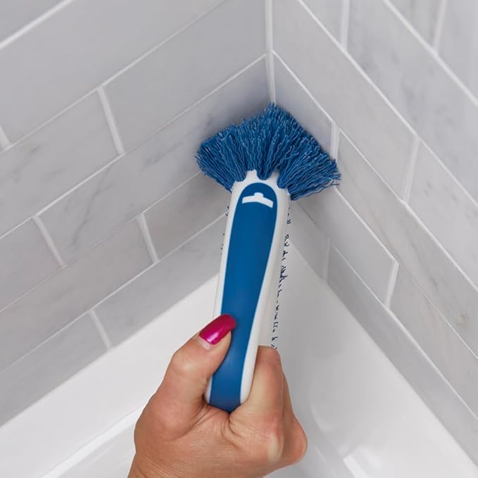 Unger 2-in-1 Grout and Corner Scrubber Brush Tool, Crevice Bathroom Cleaning Supplies for Showers, Door Tracks, Tile, and Bathtubs, Household 360-Degree Scrubbing Power