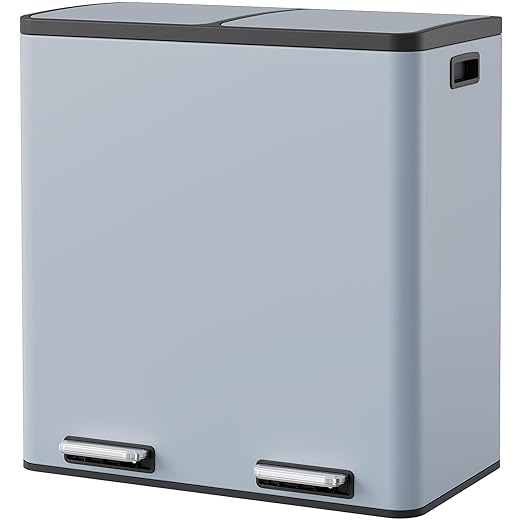 Arlopu 16 GallonStainless Steel Trash Can, 60L Dual Compartment, Metal Kitchen Step Recycle Bin, Metal Double Dustbin, in-Home Garbage Rubbish Can W/Removable Liner Buckets (Haze Blue)