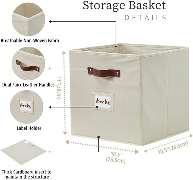 DECOMOMO Storage Bins, Cube Storage Bin with Labels, Fabric Storage Cubes for Shelves (10.5" x 11" / 6pcs, Beige)