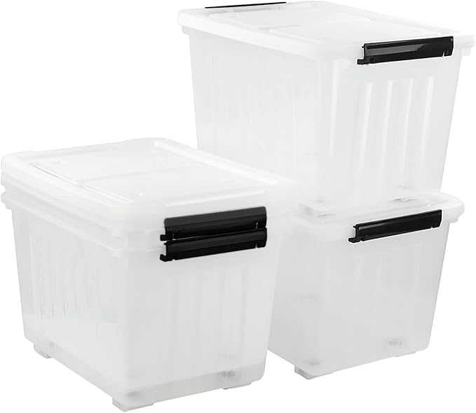 Bringer 4-Pack 30 L Clear Plastic Storage Box, Large Wheeled Storage Bin with lid