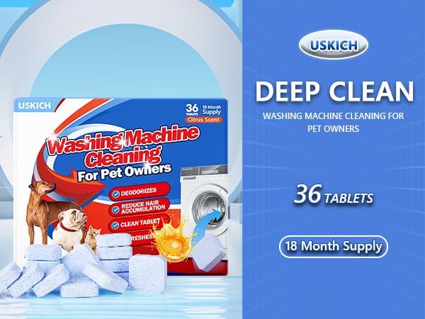 Washing Machine Cleaner-36Pack-18 Month Supply,Washer Machine Cleaner Tablets Formulated For Pet Owners,Easy Pet Hair Remover for Laundry,Compatible with HE, Top & Front Load Washer.Septic Safe