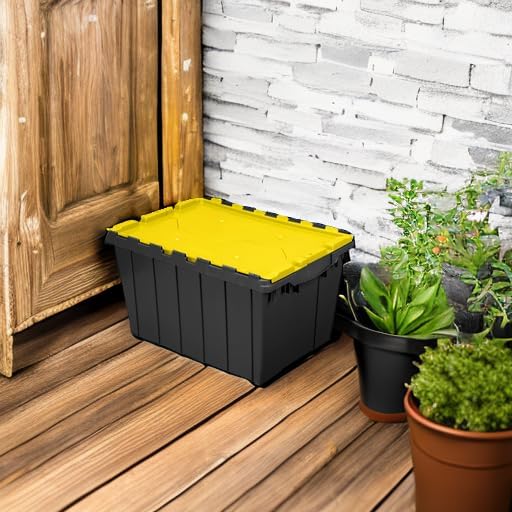 Akro-Mils KeepBox 12 Gallon Storage Container, Nesting and Stackable Plastic Storage Box with Lid Attached, Clear Tote for Garages, Closets, and Moving, 21-1/2" x 15" x 12-1/2", Black/Yellow