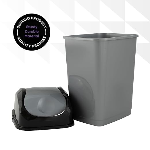 Superio Small Trash Can for Dorm with Lid 4.5 Gallon Plastic Swing Top Slim Garbage Can for Under Sink/Cabinet, Laundry, Kitchen, Office, Bedroom, Bathroom, College, 18 Qt Gray/Black, 2