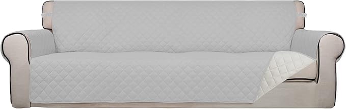 PureFit Reversible Quilted Sofa Cover, Water Resistant Slipcover Furniture Protector, Washable Couch Cover with Non Slip and Elastic Straps for Kids, Dogs, Pets (XX Large, Light Gray/Ivory)