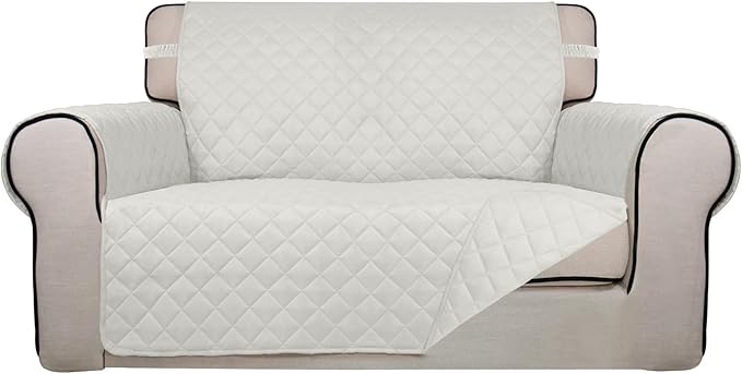 PureFit Reversible Quilted Sofa Cover, Water Resistant Slipcover Furniture Protector, Washable Couch Cover with Non Slip and Elastic Straps for Kids, Dogs, Pets (Loveseat, Ivory/Ivory)