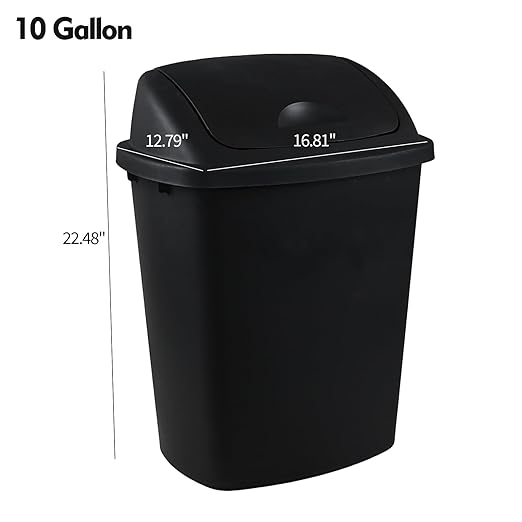 10 Gallon Plastic Swing Top Trash Cans, 4-Pack Garbage Cans with Swing Top Lid, Black