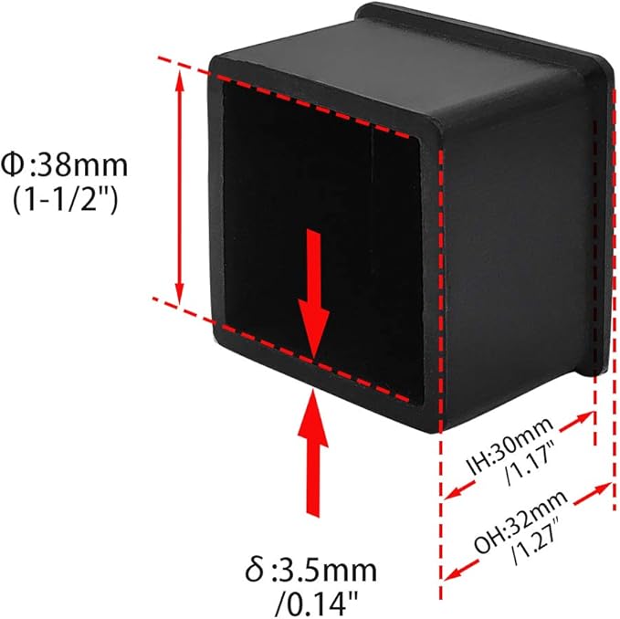 Flyshop Non-Slip Thick Rubber Leg Tips Floor Protectors Square Chair Leg Caps 38 x 38 mm, 1-1/2" x 1-1/2", Black, 20PCS
