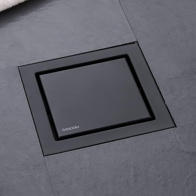 RANDOM Black Shower Drain Square with Removable Tile Insert 6 Inch Drain Cover and Hair Strainer,SUS 304 Stainless Steel Matte Black Shower Floor Drain