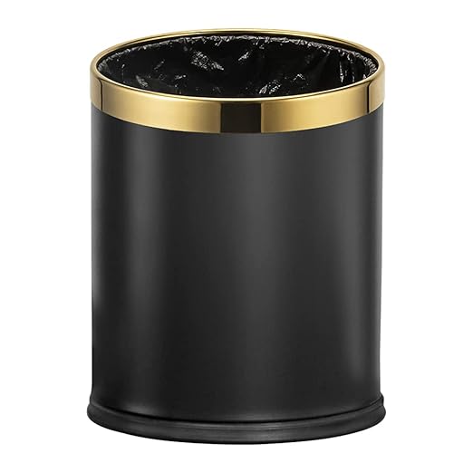 10L/2.6GAL Black and Gold Open Top Trash Can - Metal Trash Bin Without Lid for Office, Hotel, Store, Restaurant